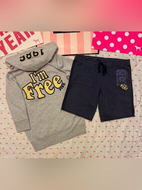 VS PINK VINTAGE Y2K SET HOODIE SWEATSHIRT& SHORTS “I’M FREE” 1986 DOG LOGO HTF M
